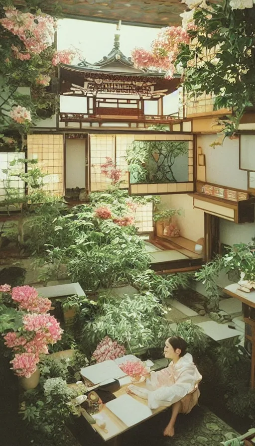 Prompt: 1 9 9 0 s candid 3 5 mm photo of a beautiful day in the a dreamy japanese flowery cottage designed by gucci, cinematic lighting, cinematic look, golden hour, a desk for flower arrangements and journaling has sun shinning on it through a window, temple in the distance, photographed by petra collins, uhd