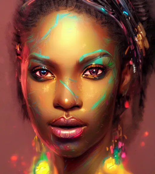 Prompt: beautiful intricate exquisite african princess realistic face, beautiful eyes, neon colors, drawing, in the style of greg rutkowski, fantasy, amazing detail, epic, intricate, elegant, smooth, sharp focus