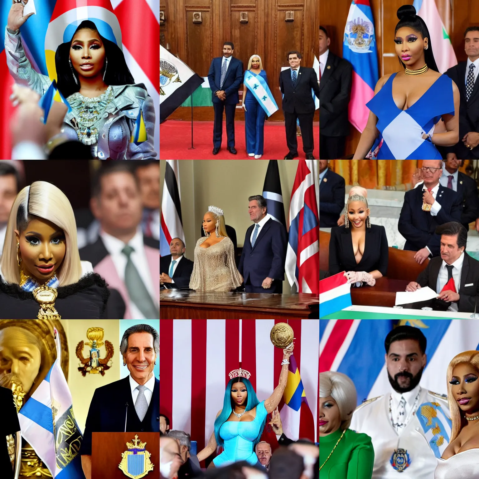 Image similar to Nicki Minaj as the president of Argentina, in the Argentine Congress, wearing presidential band, flags of Argentina behind, detailed picture