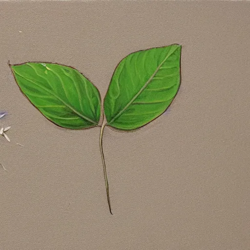 Image similar to detailed painting of a single small seedling on loose fresh earth, reveal several new leaves. muted colors and natural tones.