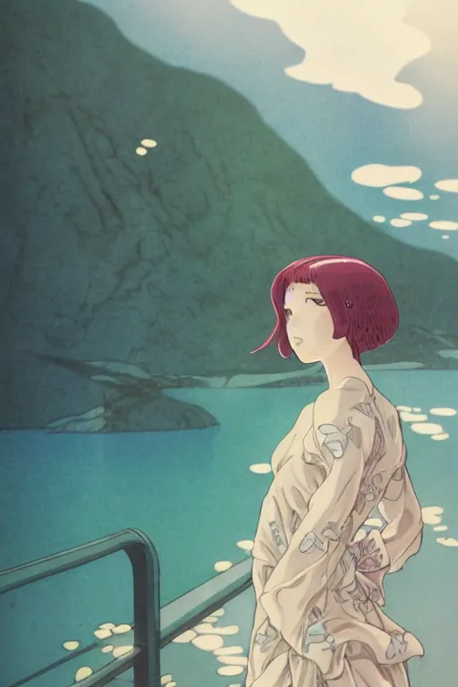 Prompt: Kodak portra 160, 8K, highly detailed, seinen manga 3/4 closeup portrait, eye contact, focus on art nouveau dress, tilt shift zaha hadid style background: famous artist in moebius anime remake, Lake scene