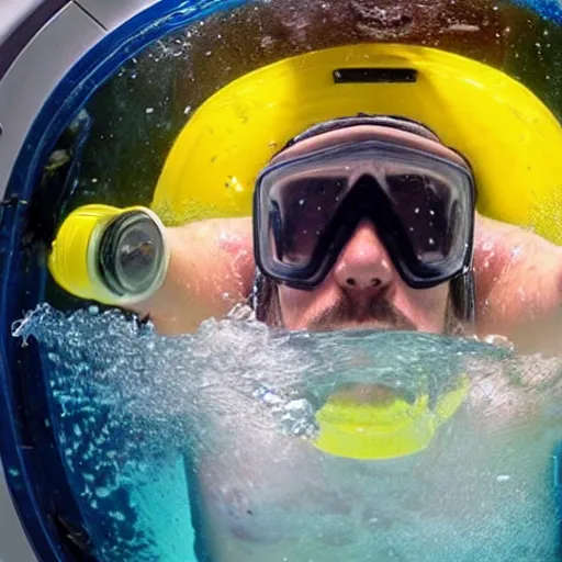 Image similar to tiny bearded mullet man snorkeling inside washing machine, gopro still, detailed, 4k