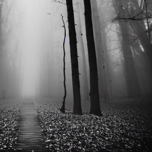 Prompt: a foggy white and black old photograph of a witch floating in the middle of wood, trees, dark, scary, detailed, fog, mist, blair witch project style