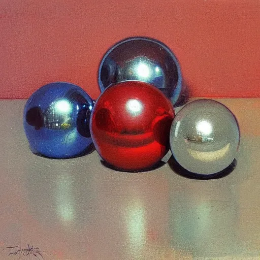 Prompt: chrome spheres on a red cube by isaac levitan