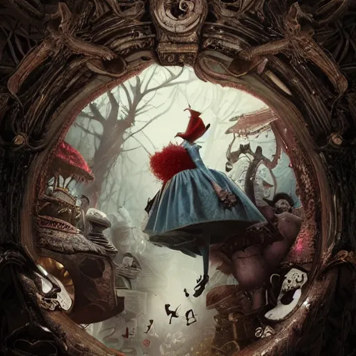 Image similar to Alice in Wonderland at the Dark Carnival, highly detailed, artstation, intricate, smooth, sharp focus, dark, horror, illustration, art by greg rutkowski and Yuumei, good clear quality, lighting, biology, symmetrical artwork, perfect face, 135 mm, cinematic, hyper realism, high detail, octane render, 8k, crimson highlights