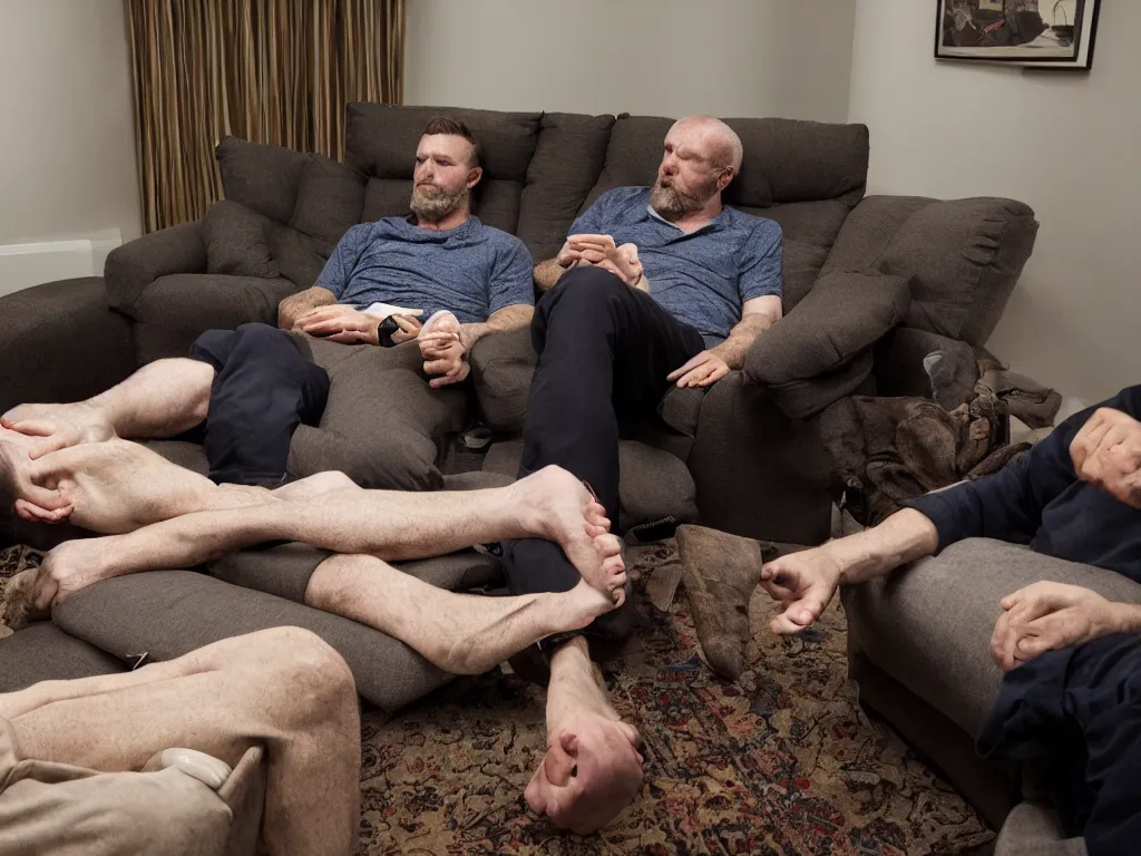 Prompt: Barret Wallace lying on a sofa at a psychotherapy session and telling his issues to his therapist, Nikon D810 , ISO 64 , focal length 20mm, Aperture f/9, Exposure Time 1/40, award-winning National Geographic photo, sharp focus