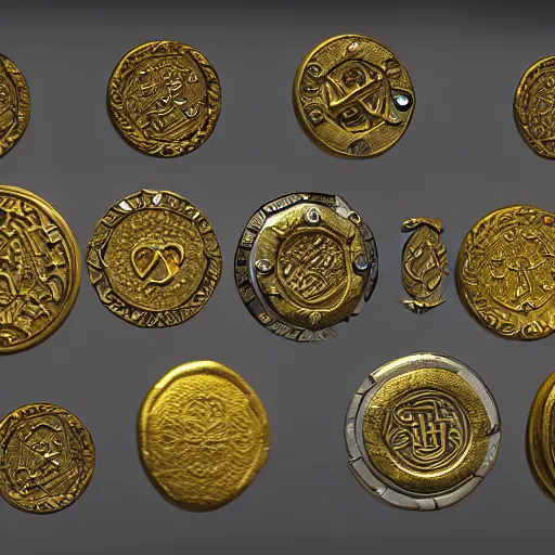 Image similar to coins from a fantasy world, made of gold and silver, magic symbols are engraved on them, unreal engine 5 4k render, artstation