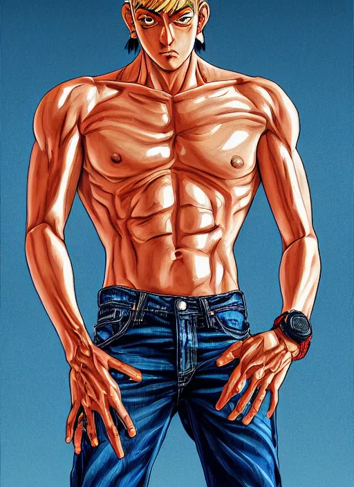 Image similar to Portrait of Onizuka from GTO wearing only jeans , masculine and muscular, both fist closed, intricate body, whole body highly detailed, digital painting, artstation, concept art, smooth, sharp focus, illustration, art by Hajime Sorayama