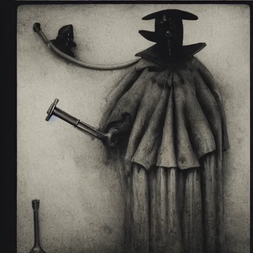 Prompt: collodion photography, plague doctors in the mist with weird rube goldberg machines, minimalist, joel peter witkin, heironymus bosch, gustave dore, beksinski, giger'