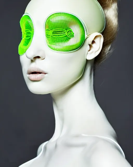 Prompt: symmetrical portrait of a woman wearing a green embroidered translucent silicone mask and white frizzy hair buns, wearing a black bodysuit by alexander mcqueen, cream white background, soft diffused light, biotechnology, humanoide robot, futuristic aesthetic, translucent, ethereal, intricate details, highly detailed, masterpiece,