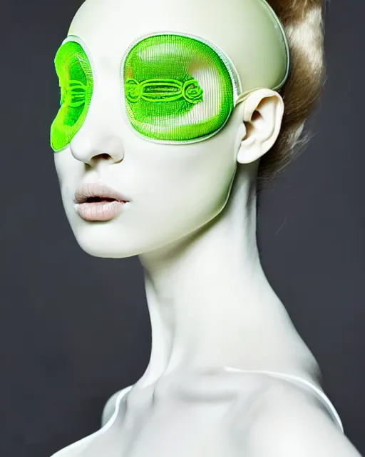 Image similar to symmetrical portrait of a woman wearing a green embroidered translucent silicone mask and white frizzy hair buns, wearing a black bodysuit by alexander mcqueen, cream white background, soft diffused light, biotechnology, humanoide robot, futuristic aesthetic, translucent, ethereal, intricate details, highly detailed, masterpiece,