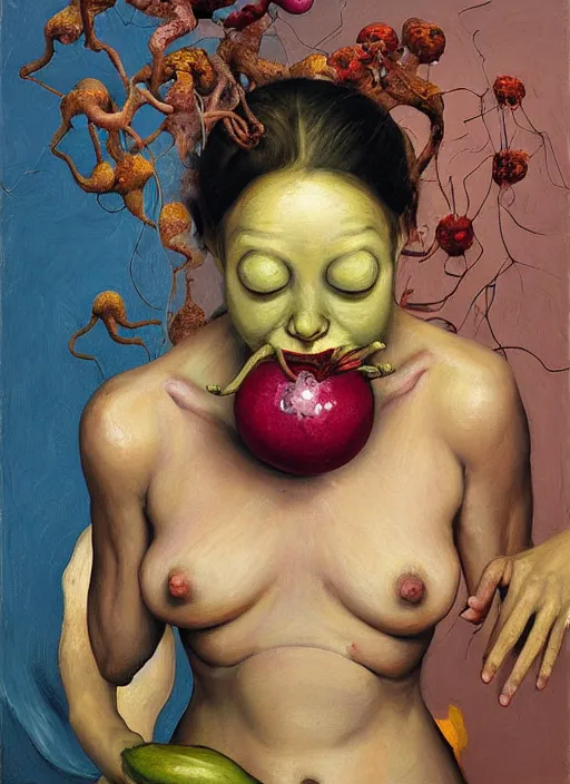 Prompt: Oil painting - She Eats of the Strangling Fruit and Her gossamer polyp blossoms bring iridescent fungal flowers whose spores black the foolish stars by Lucian Freud, and Mariusz Lewandowski, Abstract brush strokes, Masterpiece, Edward Hopper and James Gilleard, Zdzislaw Beksinski, Mark Ryden, Wolfgang Lettl highly detailed, hints of Yayoi Kasuma