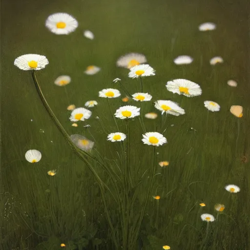 Image similar to a tiny chamomile in the meadow | highly detailed oil painting, hyperrealistic, very intrincate | cinematic lighting, award - winning | by roberto ferri, gustav klimt, william waterhouse and tom bagshaw | by austin osman spare and william blake, trending on artstation, cgsociety, official art, octane.