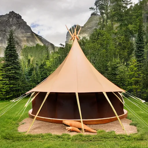 Prompt: wooden sculpture of a tent and a huge salmon, polished maple, thoughtful, elegant, real