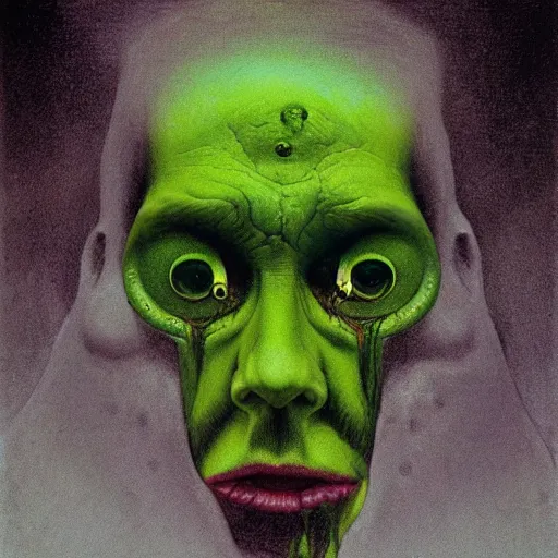 Prompt: Portrait of Angry man with Holes in his face, dark fantasy, yellow and green, artstation, painted by Zdzisław Beksiński and Wayne Barlowe