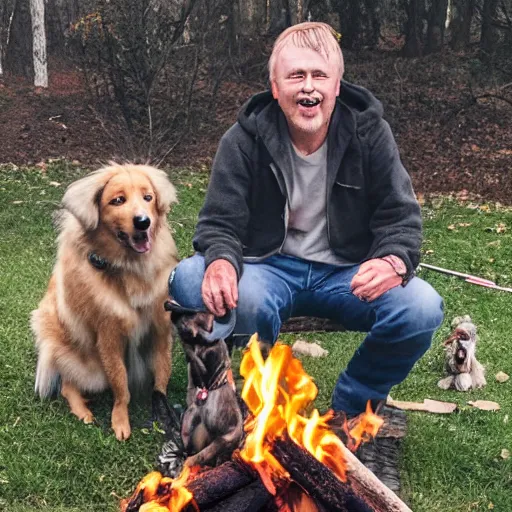 Image similar to photo of hillbilly with long blonde hair and his australian shepherd dog around a bonfire, gray and black dog coat, symmetric face