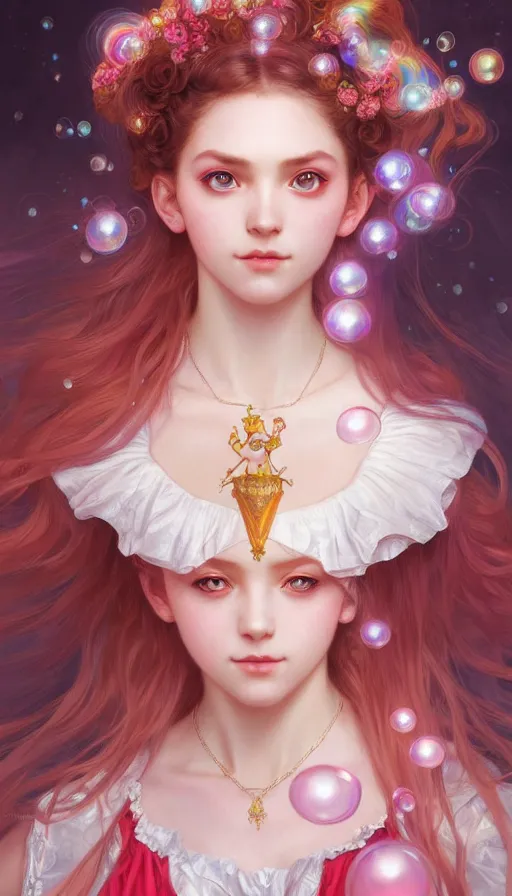 Image similar to portrait of magical lolita girl, dreamy and ethereal, RED eyes, peaceful expression, ornate frilly dress, fantasy, intricate, elegant, rainbow bubbles, highly detailed, digital painting, artstation, concept art, smooth, sharp focus, illustration, art by artgerm and greg rutkowski and alphonse mucha