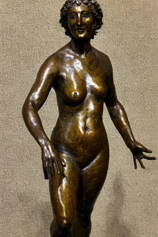 Prompt: detailed photo of a famous old bronze patina statue of woman, various poses, photorealism, intricate detail, some light reflexions, museum diffuse lighting