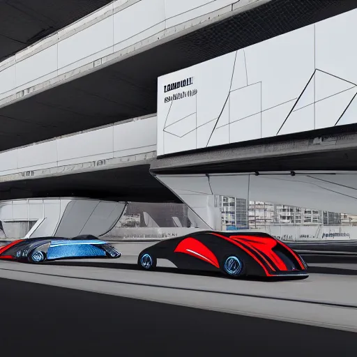 Prompt: sci-fi cars in center and wall near structure on the coronation of napoleon painting and digital billboard in the middle and everything in style of zaha hadid and suprematism forms, unreal engine 5, keyshot, octane, artstation trending, ultra high detail, ultra photo realistic, 8k, 16k, in plastic, dark, tilt shift,