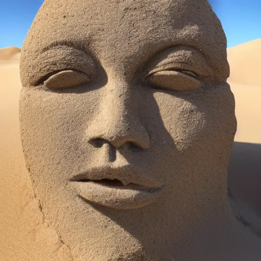 Prompt: a realistic painting of a face carved in stone half sunk in desert dunes