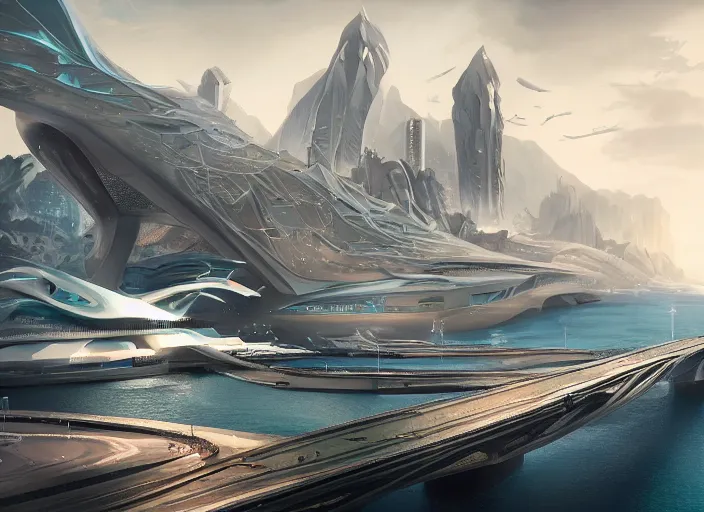 Prompt: a futuristic city surrounded by water and mountains with bridges over water, a detailed matte painting by Jon McCoy and Zaha Hadid, trending on cgsociety,, concept art, artstation