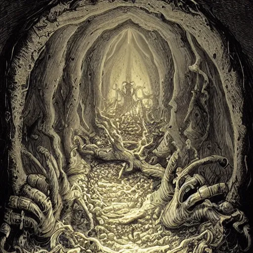 Prompt: a portal into hell, highly detailed baroque horror illustration, lost souls