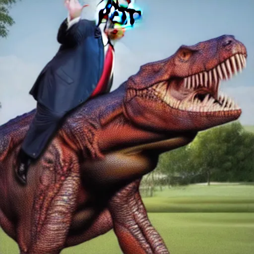 Image similar to Photograph of president Donald Trump riding a full body T-Rex, ultra realistic, intricate details, highly detailed, photorealistic