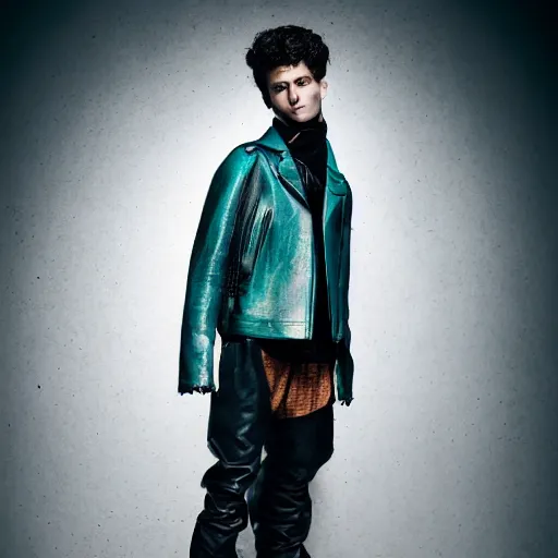 Prompt: an award - winning editorial photo of a male model wearing a teal distressed baggy medieval cropped leather menswear jacket by alexander mcqueen, 4 k, studio lighting, 5 0 mm