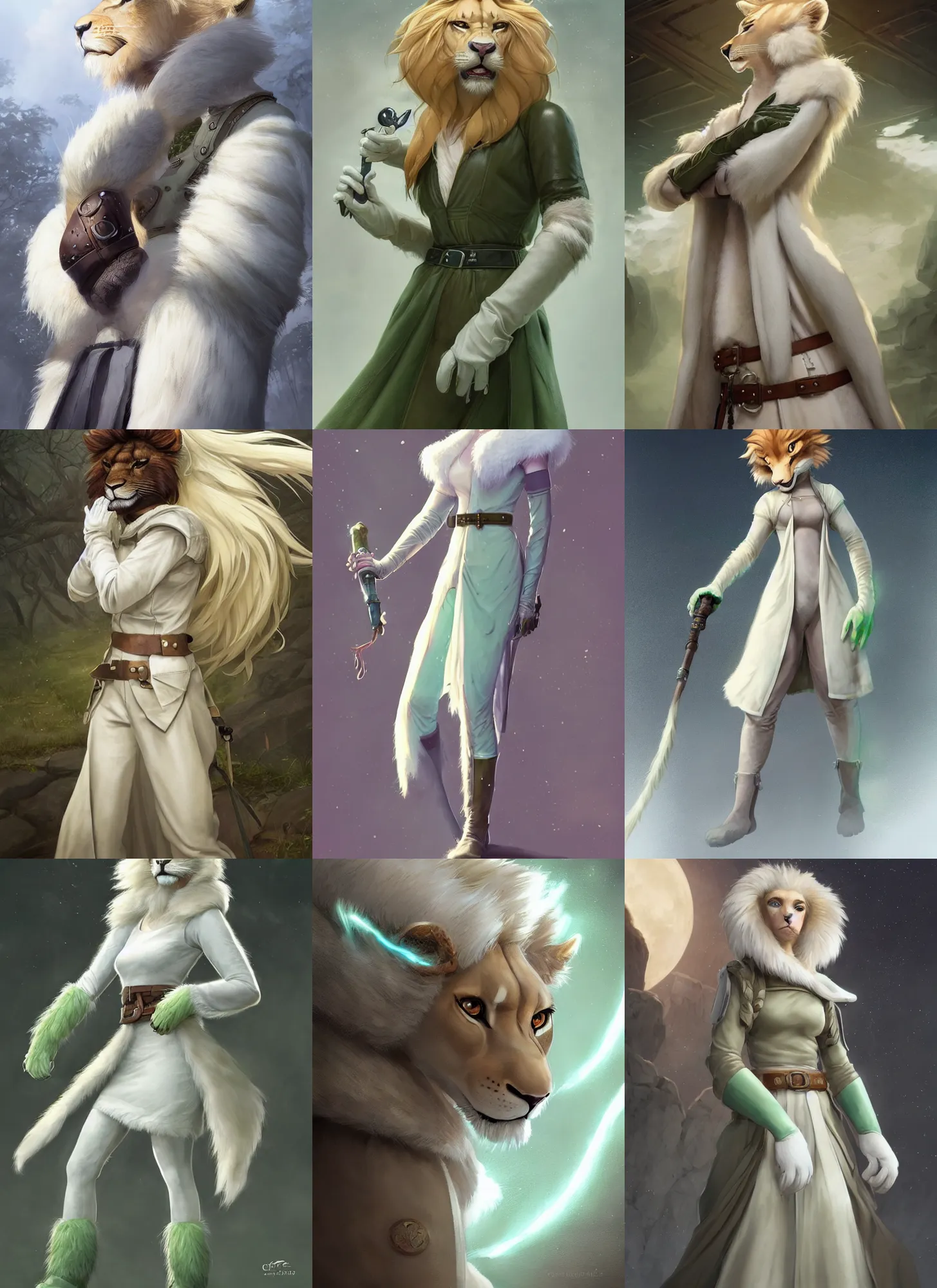 Prompt: beautiful portrait of a female anthropomorphic lioness fursona with pale fur wearing pale - white and pale - green jedi robes. leather gloves. leather boots. leather belt. character design by charlie bowater, ross tran, artgerm, and makoto shinkai, detailed, soft lighting, rendered in octane