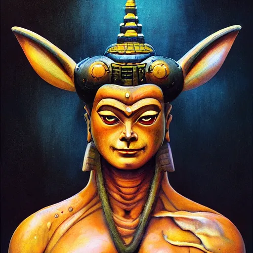 Prompt: A mixed media portrait painting of a naraka buddhist demons, sweat, aesthetic symmetrical face and eyes, photorealistic, model, wet, starship-troopers, pacific-rim-mech in background, eighties pinup style, by Frank Frazetta, Boris Vallejo, Beeple, Greg Rutkowski, Christian MacNevin, epic fantasy character art, high fantasy, CGsociety, exquisite detail, post-processing, masterpiece, cinematic