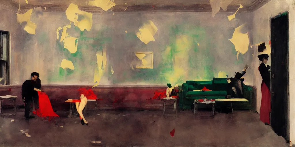 Image similar to realistic lovers collapsed in a the cafe void, curtains, spasms, college girls, couches melting, painted by Edward Hopper, Adrian Ghenie, 8k, Peter Doig, photorealistic, polaroid, melting paint drips