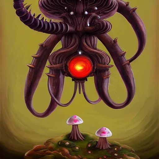 Image similar to beautiful painting of mushroom monster from maplestory in the style of Welder Wings and H. R. Giger. Dark background, detailed, trending on Artstation