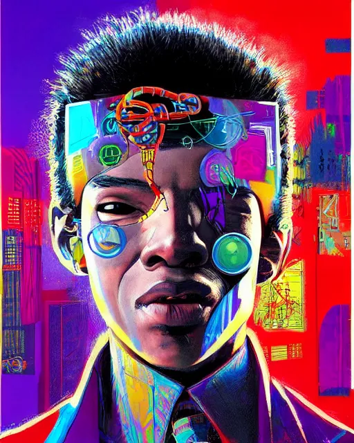 Prompt: a cyberpunk portrait of neo fromt eh matrix by jean - michel basquiat, by hayao miyazaki by artgerm, highly detailed, sacred geometry, mathematics, snake, geometry, cyberpunk, vibrant, water