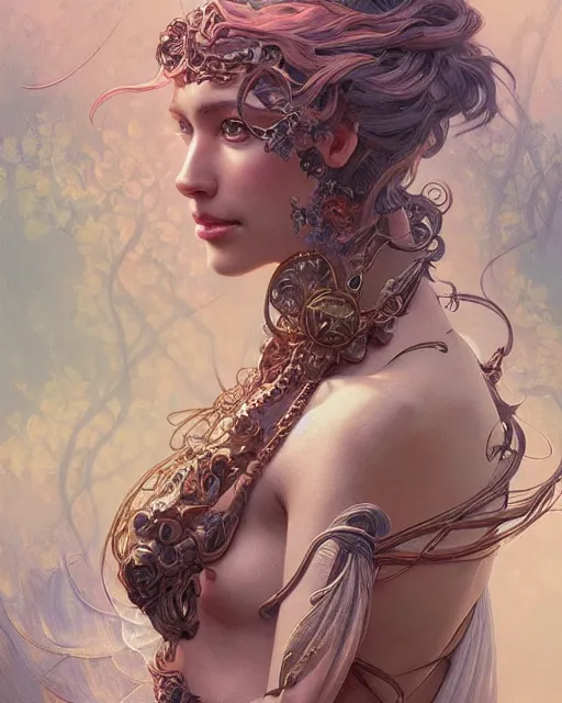 Prompt: portrait of a transcendental creature, d & d, fantasy, intricate, elegant, highly detailed, digital painting, artstation, concept art, smooth, sharp focus, illustration, art by artgerm and greg rutkowski and alphonse mucha