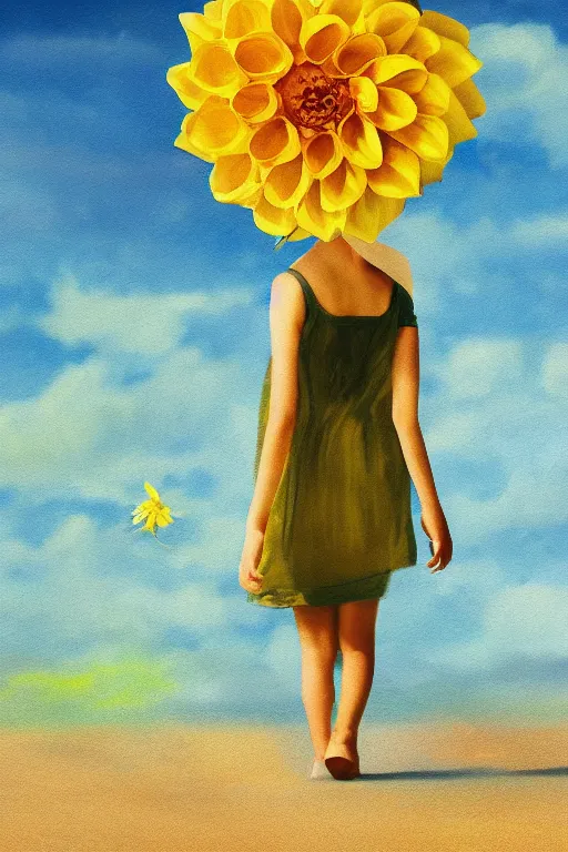 Image similar to closeup girl with huge yellow dahlia flower face, walking on beach, surreal photography, blue sky, sunrise, dramatic light, impressionist painting, digital painting, artstation, simon stalenhag