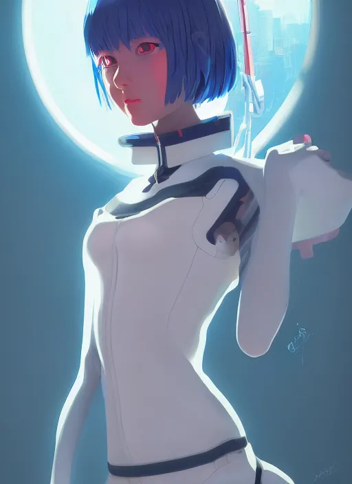 Image similar to highly detailed portrait of rei ayanami from neon evangelion, stephen bliss, unreal engine, loish, rhads, makoto shinkai and lois van baarle, ilya kuvshinov, rossdraws, tom bagshaw, global illumination, radiant light, detailed and intricate environment