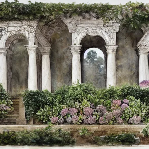 Prompt: delicate marble garden, watercolors on paper, stony, puffy, botanical herbarium, botanic, iridescent, 8 k wide angle, realistic shaded, fine details, artstation, italian, colonnade, oak tree, pinecone, pomegranade, hydrangea, vines, gardena architecture, pompeii