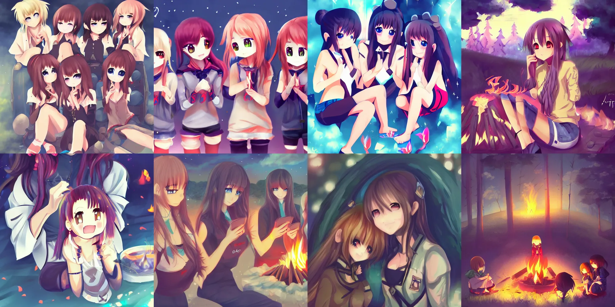 Prompt: anime cute girls around campfire trending on artstation illustration digital pixiv