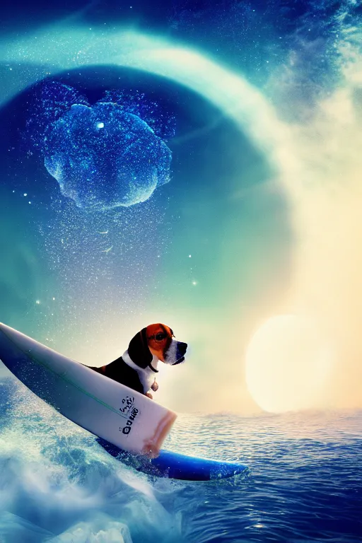 Image similar to beagle dog surfing a surfboard on a sparkly crashing wave of stardust in space, background is a moon in nebula, octane render, unreal engine, wide view, 8 k, highdetaild