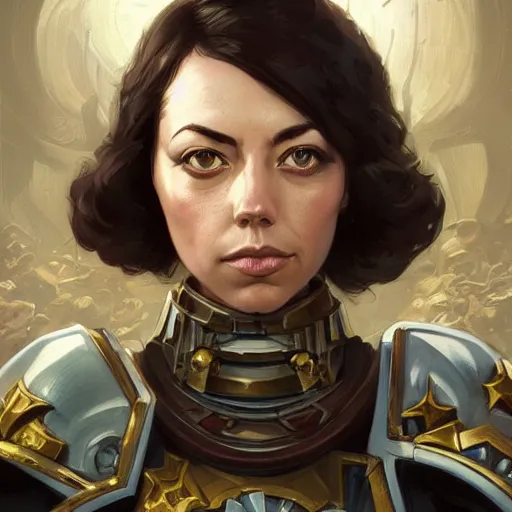 Prompt: warhammer 4 0 k aubrey plaza, intricate, elegant, highly detailed, digital painting, artstation, concept art, matte, sharp focus, illustration, hearthstone, art by artgerm and greg rutkowski and alphonse mucha