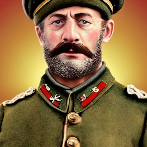 Image similar to movie scene jeremy corbin in ww 1 russian soldiers uniform, photorealistic, highly detailed 8 k