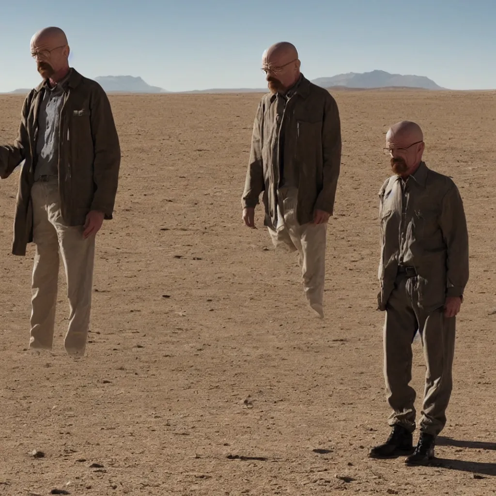 Prompt: Walter White stranded on a desert thinking what he will do next