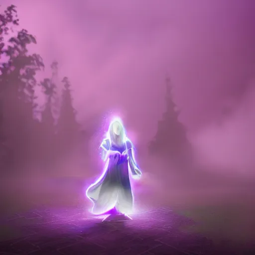 Image similar to luminescent purple wizard, cartoon style, female, dark background, volumetric fog, 4K
