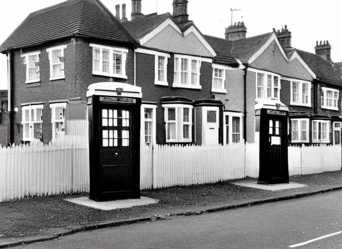 Image similar to photo of a metropolitan police box in front of houses in suburban london, police box, 1936, sepia