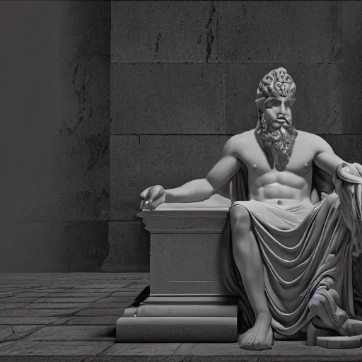 Prompt: photography of the god zeus in the olympe temple, realistic, dark