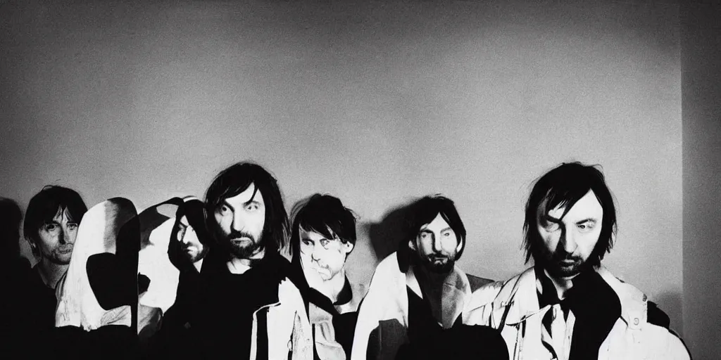 Prompt: Colin Greenwood, a black and white photo of a group Radiohead, an album cover by David Gilmour Blythe, pinterest, bauhaus, tesseract, composition, national geographic photo, flemish baroque