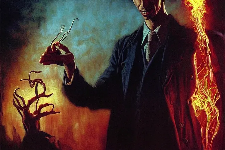 Image similar to young jeff goldblum in “ constantine ” ( 1 9 8 4 ) by cronenberg artwork, 4 k digital art, neon, 8 0's style tomasz alen kopera, peter mohrbacher, donato giancola, ilya repin, drew struzan hyperrealistic oil painting, gothic ghost horror biomechanical hell demons, frank frazetta