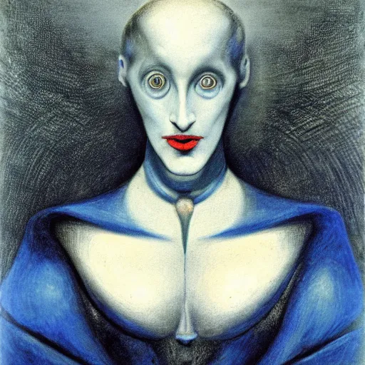 Image similar to Close-up of the cenobite woman, pencil drawing. El Greco, Remedios Varo, Salvador Dali, Carl Gustav Carus, John Atkinson Grimshaw. Blue tint. Symetrical, logo, geometric shapes.