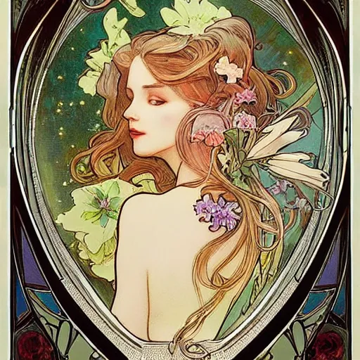 Prompt: Alice in Wonderland,Diamonds Blaze,Rose twining,luxuriant,dreamy, eternity, romantic,highly detailed,in the style of Alphonse Maria Mucha, highly detailed,night lighting