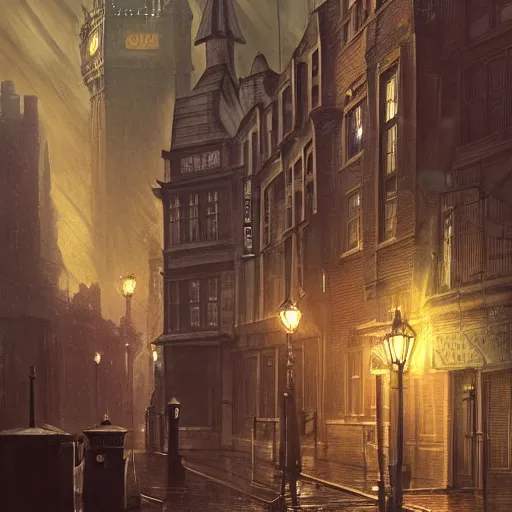 Image similar to a painting of london in 1 9 2 0's, ultra realistic, colour, concept art, intricate details, night, thunder, raining, eerie, arkham horror, call of cthulhu, elder sign, highly detailed, dark fantasy, photorealistic, octane render, 8 k, unreal engine 5. art by artgerm and greg rutkowski and alphonse mucha